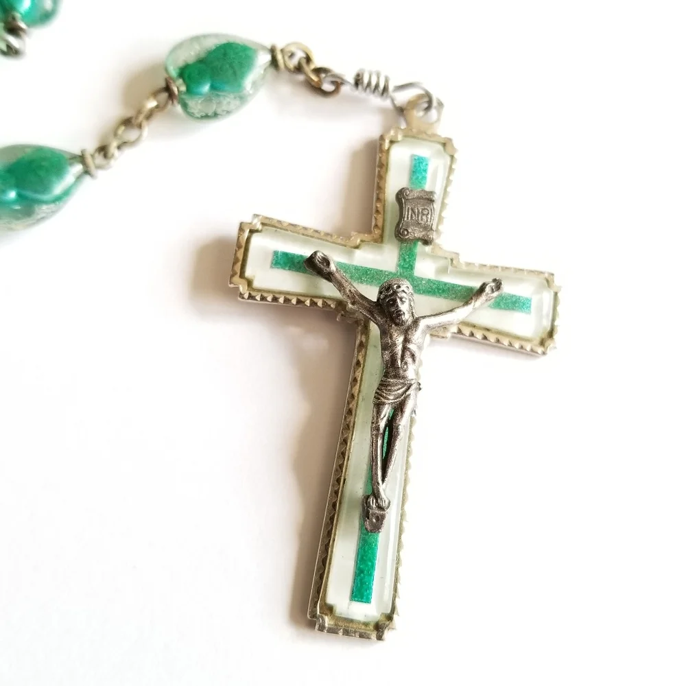 Vintage Saint Jude rosary bubble bead catholic lucite green silver gold tone
